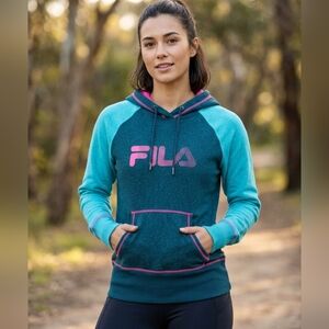 FILA Women's Pullover Color-block Hoodie Contrast Stitch green pink size M
